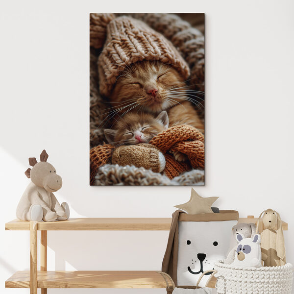 Katze und Kätzchen mit gestrickten Mützen Wandbilder Katze und Kätzchen mit gestrickten Mützen