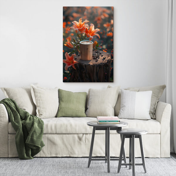 Tasse Kaffee auf einem Baumstumpf mit orangefarbenen Blumen Wandbilder Tasse Kaffee auf einem Baumstumpf mit orangefarbenen Blumen