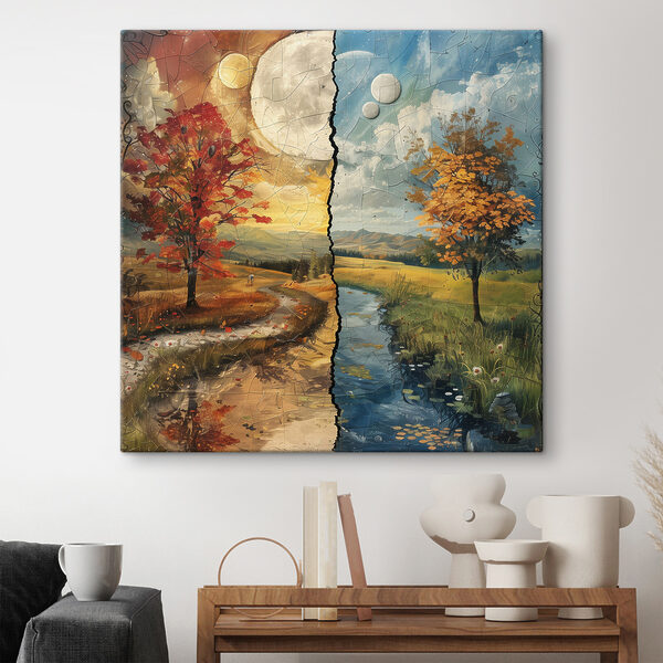 Puzzle einer Landschaft mit Bäumen und einem Fluss Wandbilder Puzzle einer Landschaft mit Bäumen und einem Fluss