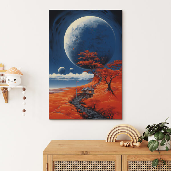 Haus auf einem Hügel mit Orangenbäumen und einem großen Mond Wandbilder Haus auf einem Hügel mit Orangenbäumen und einem großen Mond