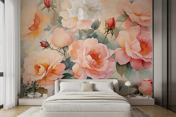 Gemälde mit Blumen an einer Wand Fototapeten Gemälde mit Blumen an einer Wand