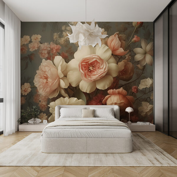 Gemälde mit Blumen an einer Wand Fototapeten Gemälde mit Blumen an einer Wand