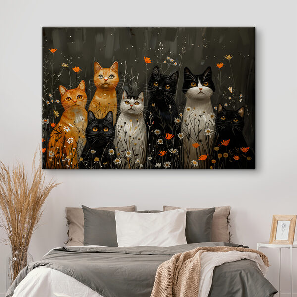 Gruppe von Katzen in einem Blumenfeld Wandbilder Gruppe von Katzen in einem Blumenfeld