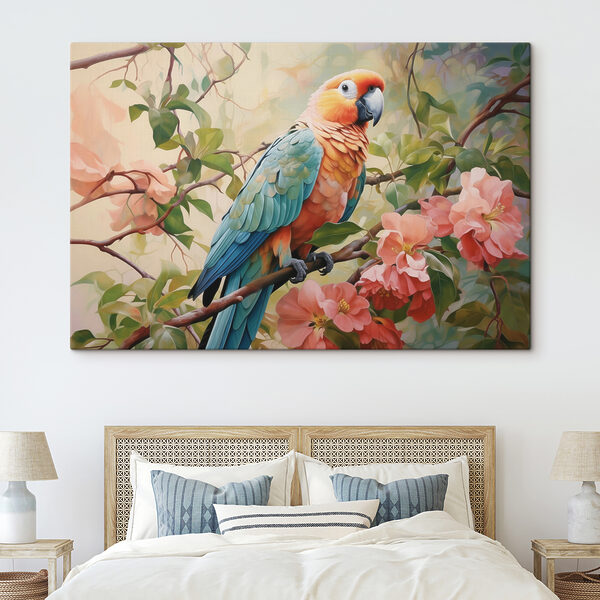 Bunter Vogel sitzt auf einem Zweig mit Blumen Wandbilder Bunter Vogel sitzt auf einem Zweig mit Blumen