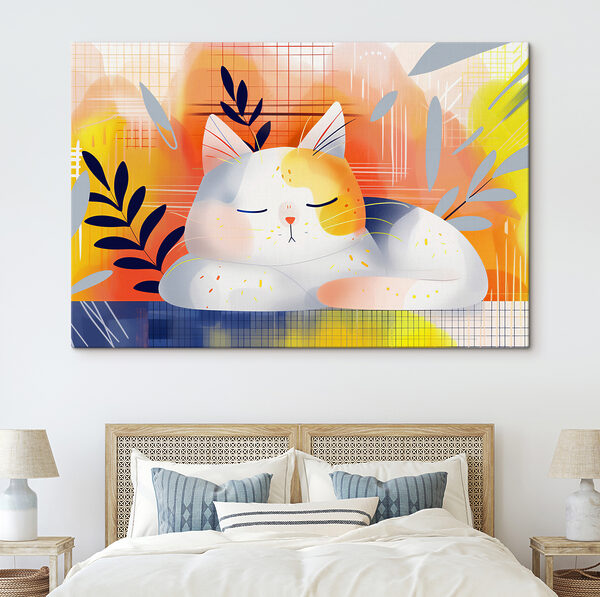 Schlafende Katze mit Blättern auf dem Kopf Wandbilder Schlafende Katze mit Blättern auf dem Kopf