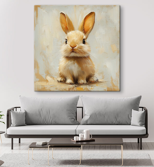 Flauschiges Kaninchen auf Leinwand im Hintergrund Wandbilder Flauschiges Kaninchen auf Leinwand im Hintergrund