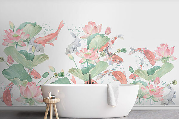 Fototapeten Aquarellmalerei von Fischen und Blumen