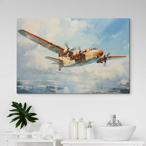 Ein orange-weißes Flugzeug fliegt in den Himmel Wandbilder Ein orange-weißes Flugzeug fliegt in den Himmel