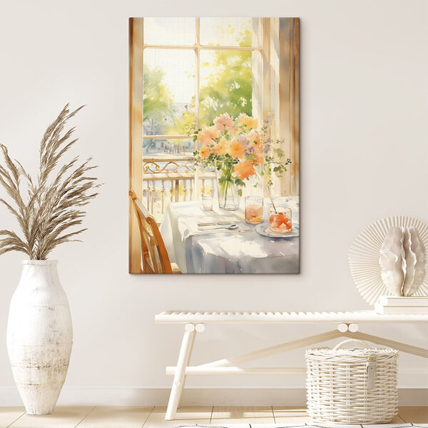Aquarellmalerei eines Tisches mit Blumen und Gläsern Wandbilder Aquarellmalerei eines Tisches mit Blumen und Gläsern