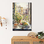 Wandbilder Aquarellmalerei eines Tisches mit Essen und Blumen vor einem Fenster