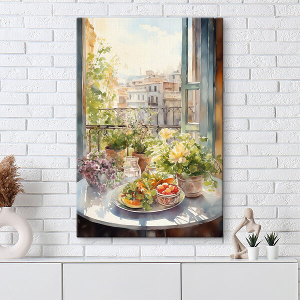 Aquarellmalerei von Blumen und Früchten auf einem Tisch vor einem Fenster Wandbilder Aquarellmalerei von Blumen und Früchten auf einem Tisch vor einem Fenster