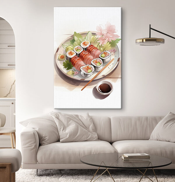 Sushi-Teller mit Sauce und Blumen Wandbilder Sushi-Teller mit Sauce und Blumen
