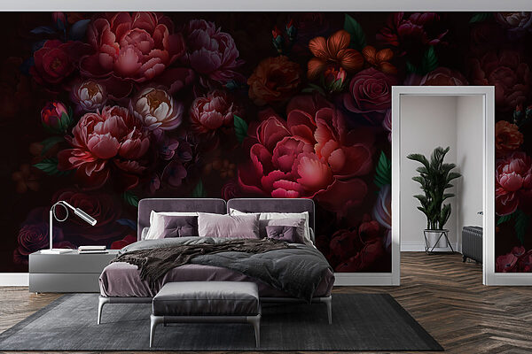 Gruppe von Blumen auf einem dunklen Hintergrund Fototapeten Gruppe von Blumen auf einem dunklen Hintergrund