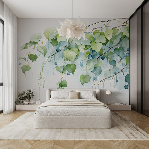 Aquarellmalerei eines Zweigs mit Blättern und blauen Beeren Fototapeten Aquarellmalerei eines Zweigs mit Blättern und blauen Beeren