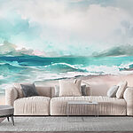 Fototapeten Aquarell eines Strandes mit Wellen und Wolken