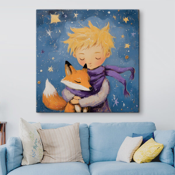 Junge, der einen Fuchs umarmt Wandbilder Junge, der einen Fuchs umarmt