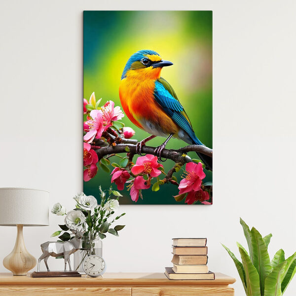 Bunter Vogel auf einem Zweig mit rosa Blumen Wandbilder Bunter Vogel auf einem Zweig mit rosa Blumen