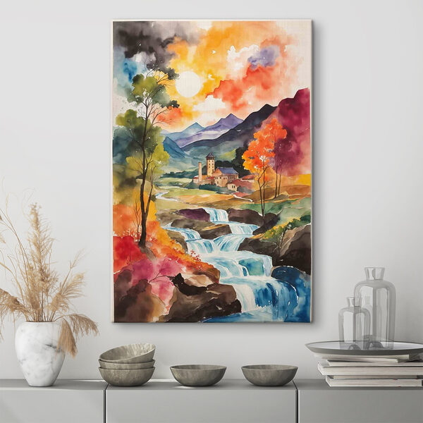 Aquarellmalerei eines Hauses und eines Flusses Wandbilder Aquarellmalerei eines Hauses und eines Flusses