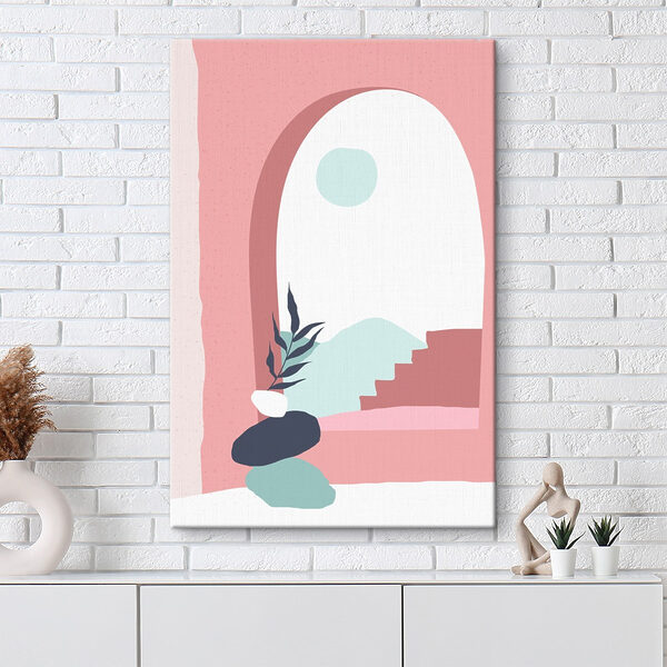 Rosa und blaue Illustration eines Fensters mit einer Pflanze in einer Vase Wandbilder Rosa und blaue Illustration eines Fensters mit einer Pflanze in einer Vase