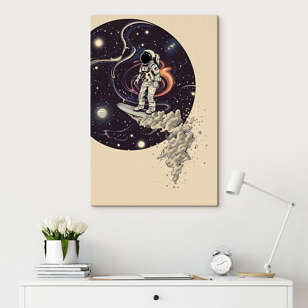 Ein Astronaut auf einem Surfbrett im Weltraum Wandbilder Ein Astronaut auf einem Surfbrett im Weltraum