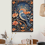 Wandbilder Blauer Vogel auf einem Zweig mit Blumen