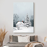 Wandbilder Haus mit Schnee auf dem Dach und einem Baum im Schnee