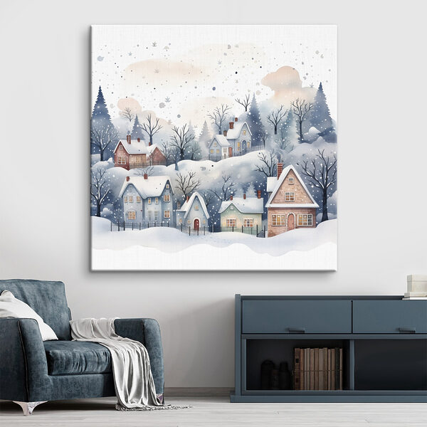 Aquarellmalerei von Häusern und Bäumen im Schnee Wandbilder Aquarellmalerei von Häusern und Bäumen im Schnee