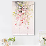 Wandbilder Aquarellmalerei mit rosa Blumen und grünen Blättern