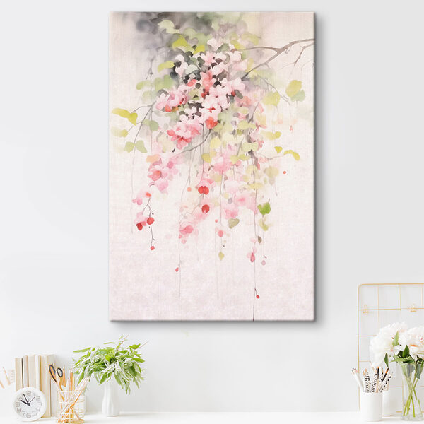 Aquarellmalerei mit rosa Blumen und grünen Blättern Wandbilder Aquarellmalerei mit rosa Blumen und grünen Blättern