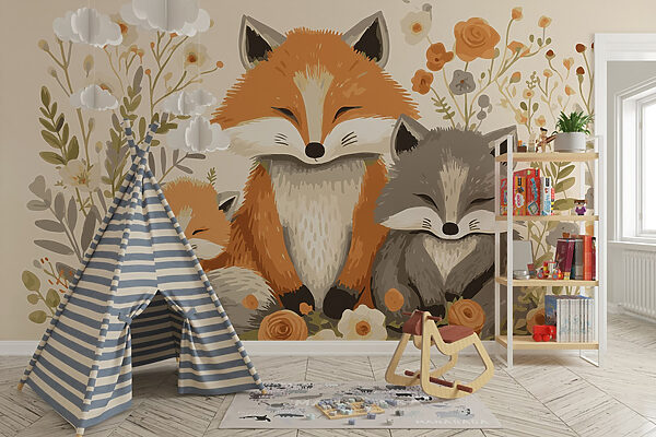 Fuchs und Babyfuchs sitzen in Blumen Fototapeten Fuchs und Babyfuchs sitzen in Blumen