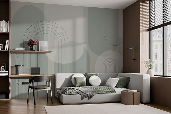 Grauer und weißer Hintergrund mit Linien und Kreisen Fototapeten Grauer und weißer Hintergrund mit Linien und Kreisen