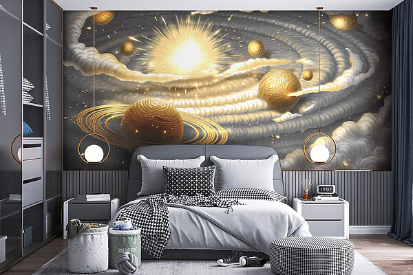 Planet mit Ringen und Sternen am Himmel Fototapeten Planet mit Ringen und Sternen am Himmel