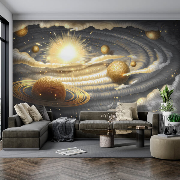 Planet mit Ringen und Sternen am Himmel Fototapeten Planet mit Ringen und Sternen am Himmel