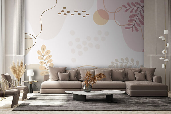 Weißer Hintergrund mit rosa und orange Blätter und Kreise Fototapeten Weißer Hintergrund mit rosa und orange Blätter und Kreise