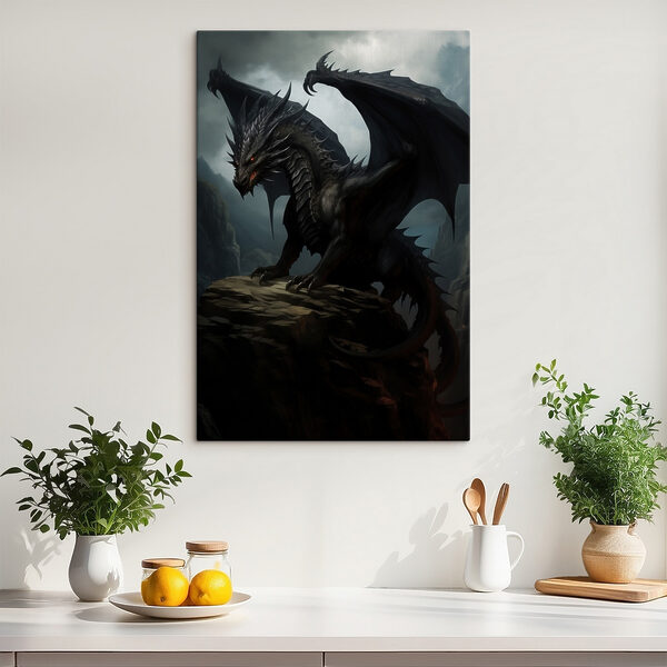 Schwarzer Drache auf einem Felsen Wandbilder Schwarzer Drache auf einem Felsen