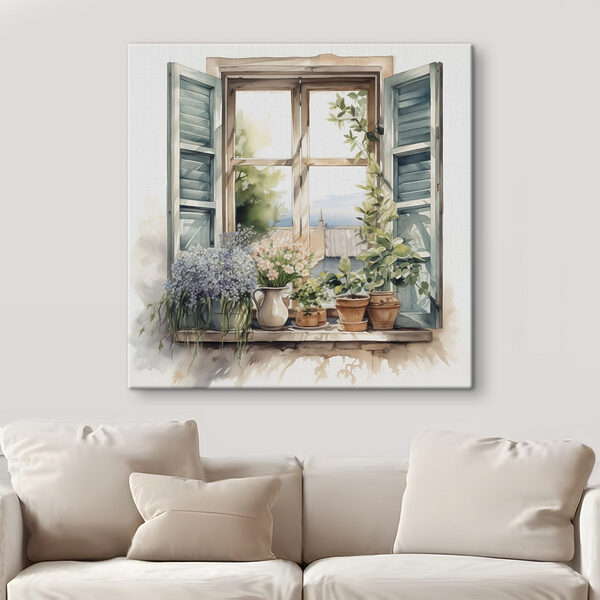 Aquarellmalerei eines Fensters mit Topfpflanzen Wandbilder Aquarellmalerei eines Fensters mit Topfpflanzen