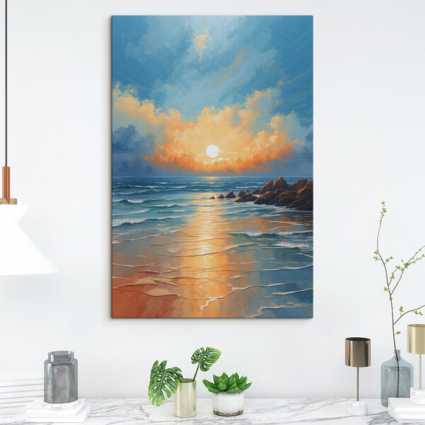 Gemälde eines Strandes mit Felsen und Wasser und der Sonne Wandbilder Gemälde eines Strandes mit Felsen und Wasser und der Sonne