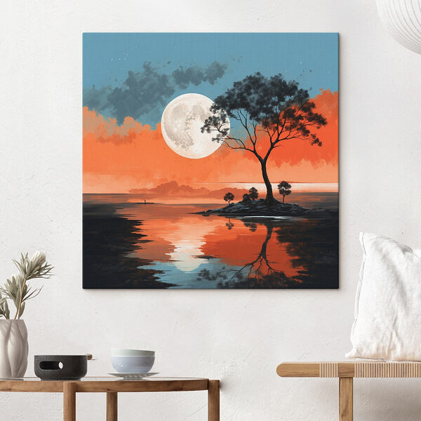 Baum auf einer Insel inmitten eines Gewässers mit Vollmond im Hintergrund Wandbilder Baum auf einer Insel inmitten eines Gewässers mit Vollmond im Hintergrund