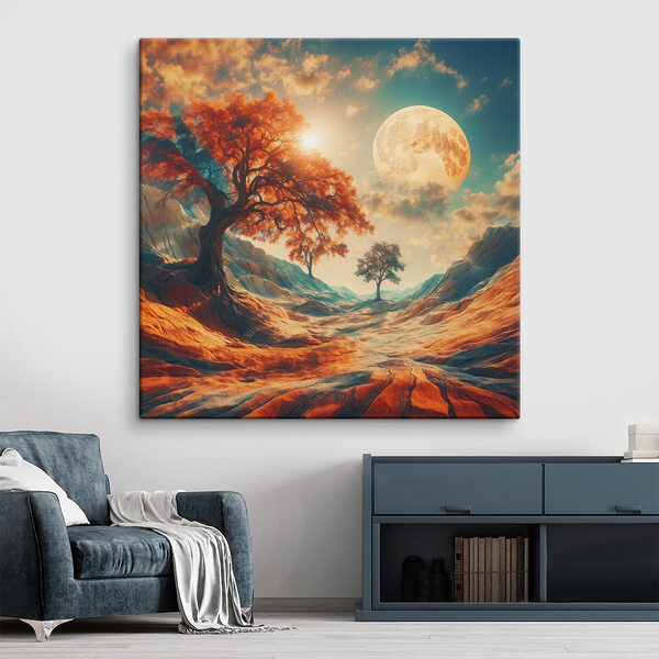 Landschaft mit Bäumen und Bergen und einem Mond Wandbilder Landschaft mit Bäumen und Bergen und einem Mond