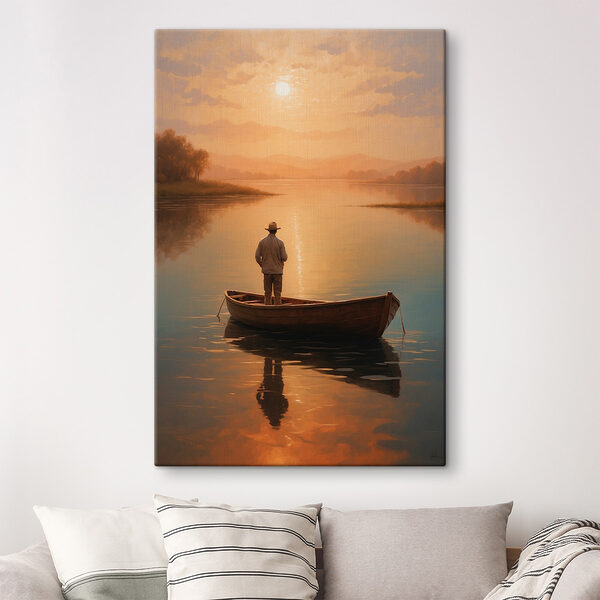 Mann steht in einem Boot auf einem See Wandbilder Mann steht in einem Boot auf einem See