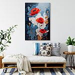 Wandbilder Gemälde mit Blumen auf blauem und weißem Hintergrund