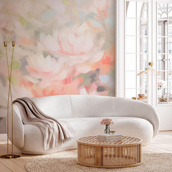 Malerei von Blumen auf einer weißen Fläche Fototapeten Malerei von Blumen auf einer weißen Fläche