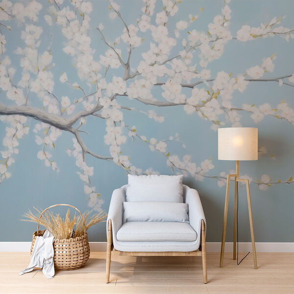Gemälde eines Baumes mit weißen Blumen Fototapeten Gemälde eines Baumes mit weißen Blumen