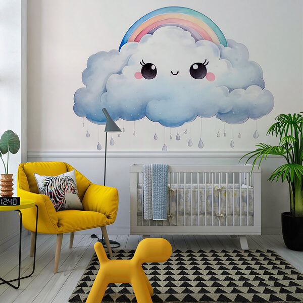 Cartoon einer Wolke mit einem Regenbogen und Regentropfen Fototapeten Cartoon einer Wolke mit einem Regenbogen und Regentropfen