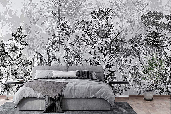 Schwarzes und weißes Bild von Blumen Fototapeten Schwarzes und weißes Bild von Blumen