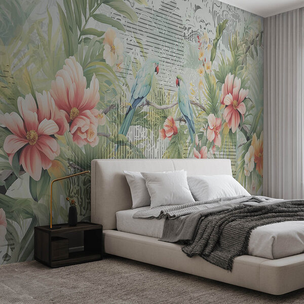 Vogel auf einem Zweig mit Blumen Fototapeten Vogel auf einem Zweig mit Blumen