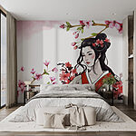 Fototapeten Frau im Kimono mit Blumen