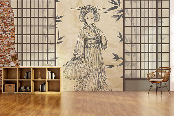 Wall murals Drawing of a woman in a kimono Fototapeten Wall murals Drawing of a woman in a kimono