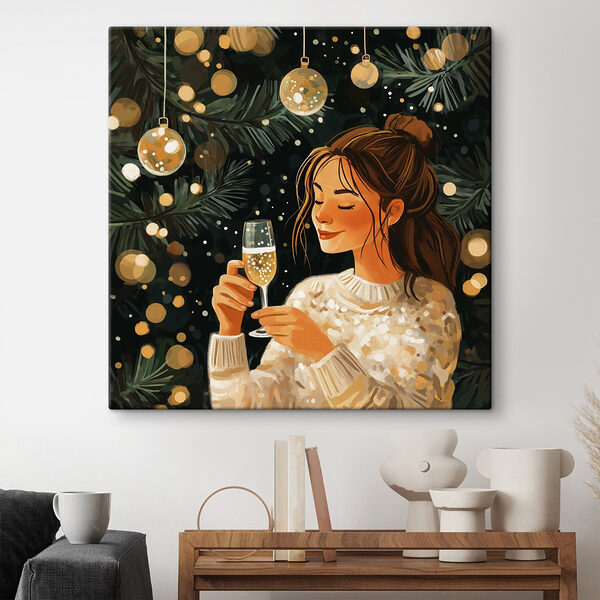 Frau hält ein Glas Champagner unter einem Weihnachtsbaum Wandbilder Frau hält ein Glas Champagner unter einem Weihnachtsbaum
