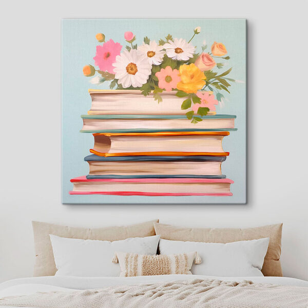 Gemälde eines Stapels von Büchern mit Blumen obenauf Wandbilder Gemälde eines Stapels von Büchern mit Blumen obenauf